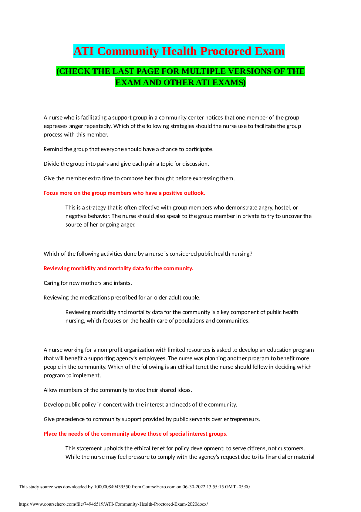 Preview image for ATI_Community_Health_Proctored_Exam_andcomplete answers